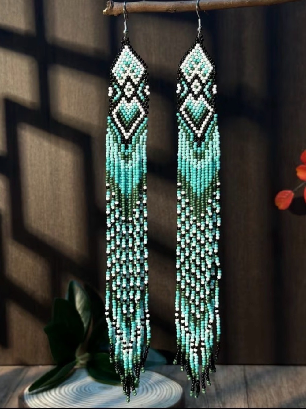 Handmade Turquoise Beaded Fringe Earrings